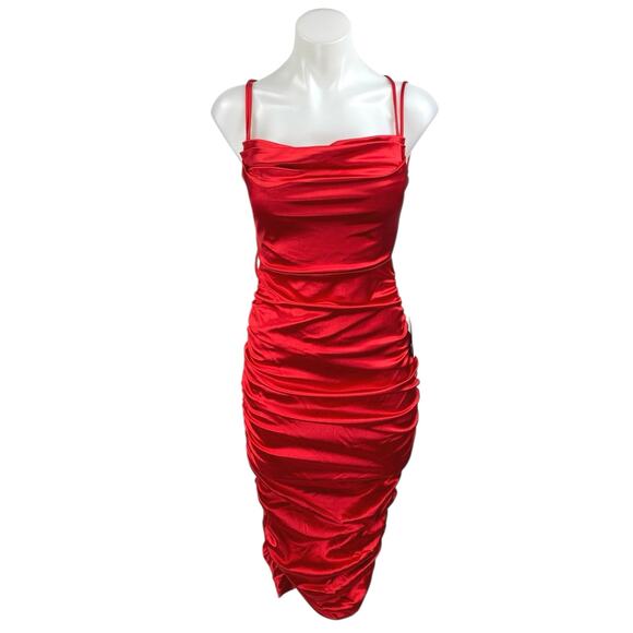 NEW Windsor Silk Satin Sleeveless Strappy Cowl Ruched Cami Midi Bodycon Dress S - Picture 1 of 5